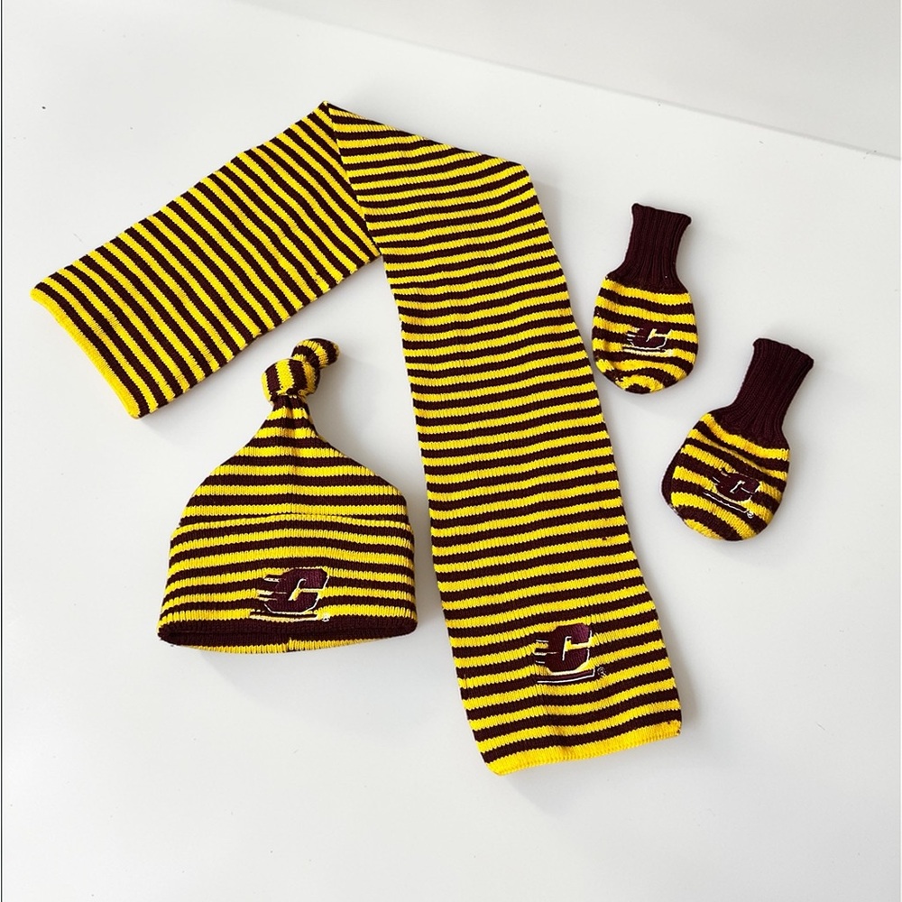 CMU Striped Kids Hat, Scarf & Mittens Set - Yellow & Maroon